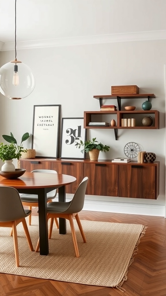 A dining room with wall-mounted storage, featuring a round table, stylish chairs, and decorative elements