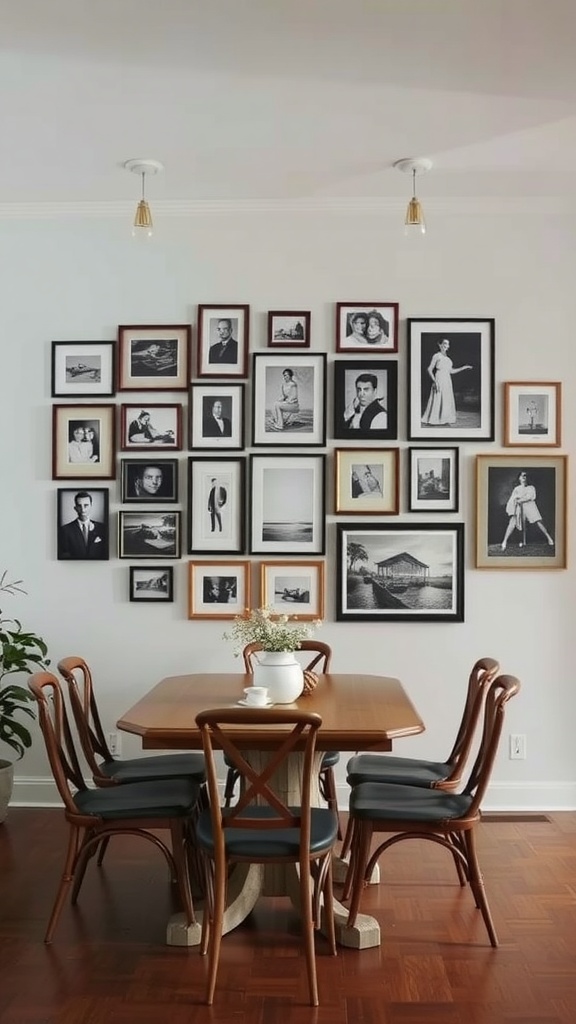 A dining room showcasing a gallery wall filled with black and white framed photos, featuring a wooden dining table and chairs.