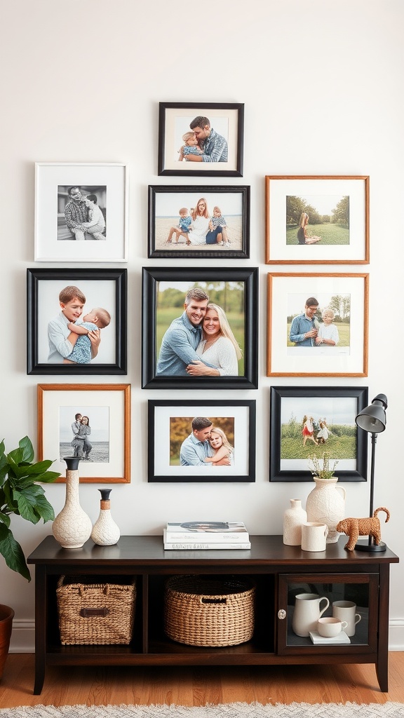 Gallery wall displaying framed family photos with a wooden console table below.