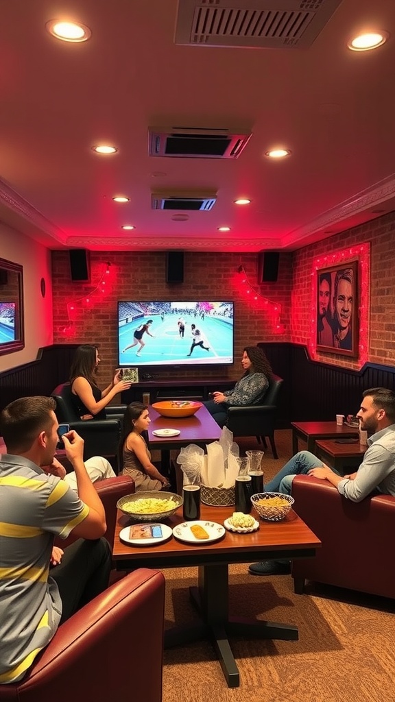 A cozy basement party area with friends watching a sports game on a large screen.