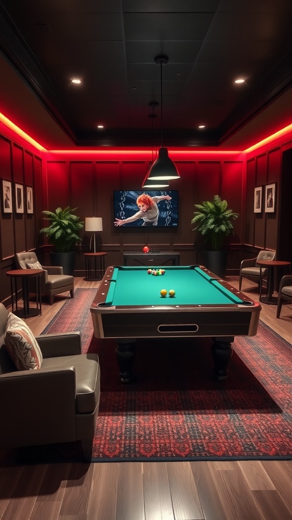 Cozy game room featuring a pool table, comfortable seating, and soft lighting