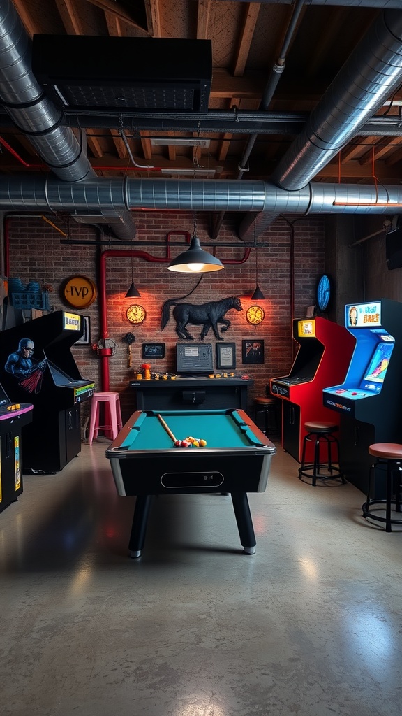 A retro-style game room featuring a pool table, arcade machines, and industrial decor.