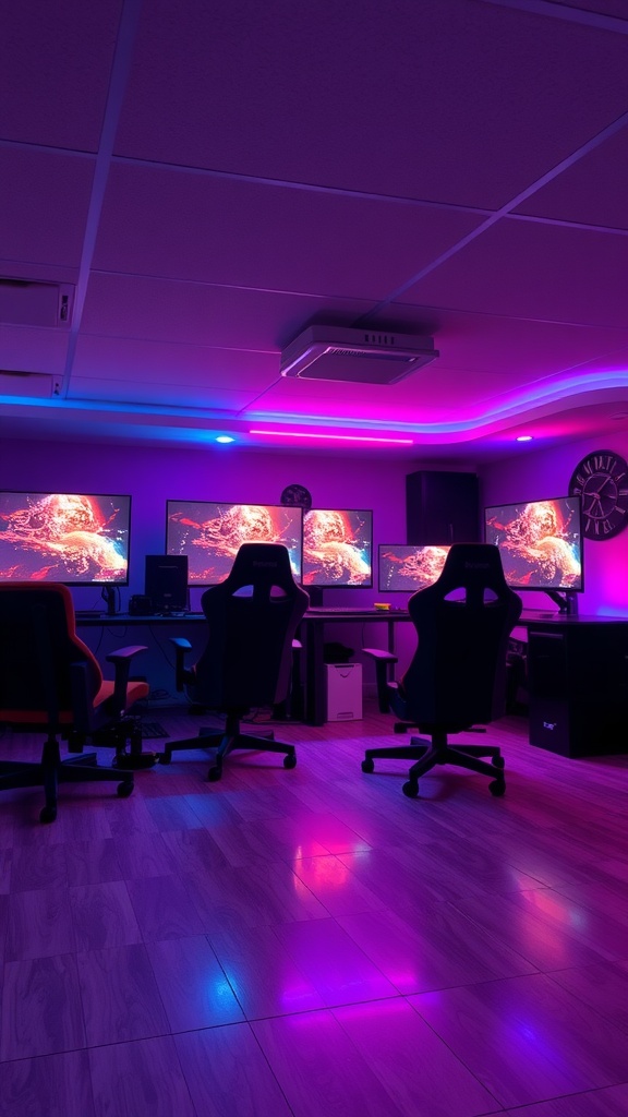 A gaming setup with multiple screens, colorful ambient lighting, and ergonomic chairs