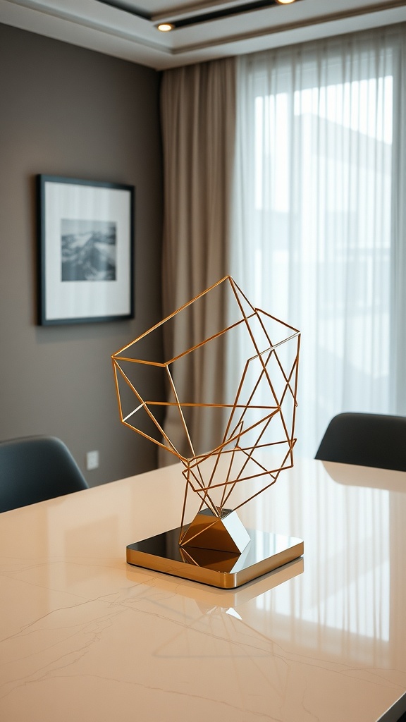 A modern geometric centerpiece in a dining room setting