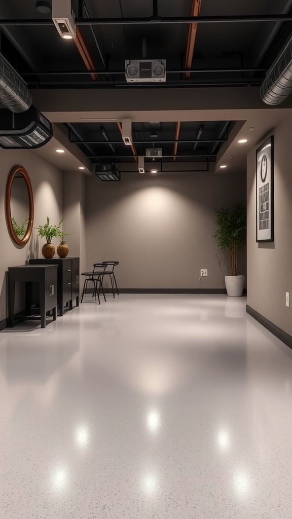 Basement with a glossy solid color epoxy floor and minimalistic decor