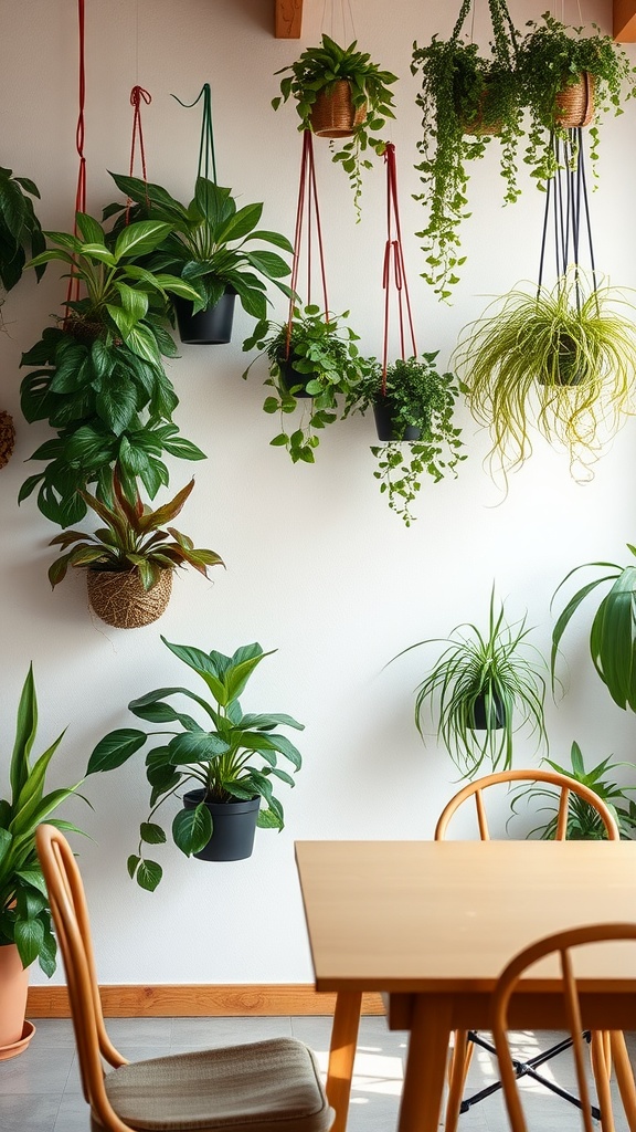 A wall decorated with various hanging plants in different pots, creating a vibrant and green atmosphere in a dining room.