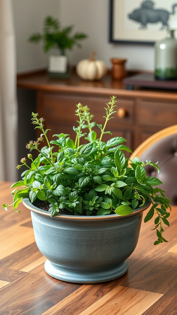 A lush herb planter centerpiece on a dining table