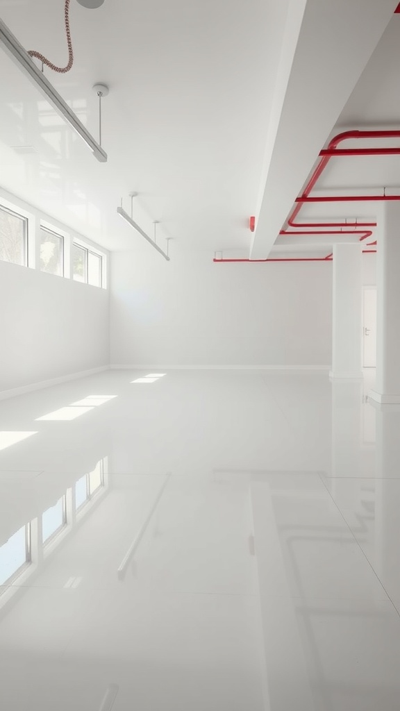 A spacious basement with a high-gloss white epoxy floor and red piping.