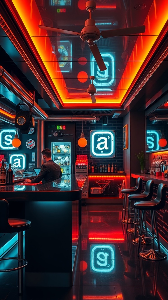 A modern basement bar with neon lighting, a glossy bar surface, and a well-stocked fridge.