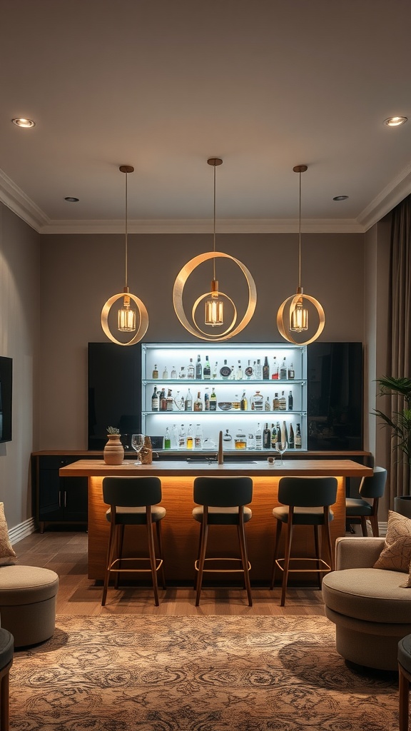 Home bar featuring pendant lighting above a wooden bar top with stools and shelves displaying various drinks.