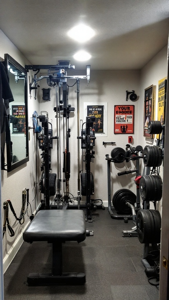 A small basement gym corner featuring a pull-up bar, weights, and a mirror.