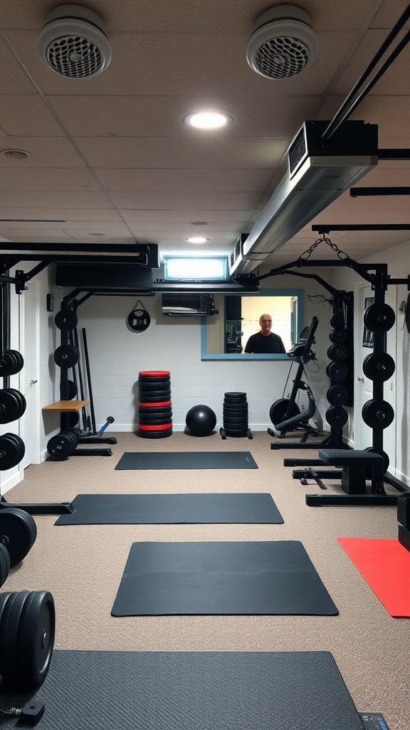A well-equipped home gym in a basement, featuring weights, exercise mats, and fitness equipment.