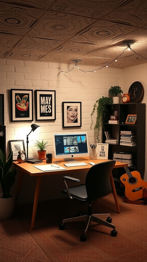 A stylish home office in a basement featuring a desk, computer, plants, and artwork.