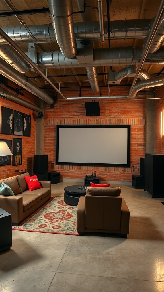 Home theater in an industrial-style basement with exposed brick walls, ductwork, and cozy seating.