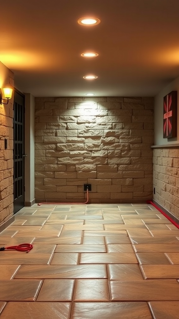 A basement with stone tile flooring and in-floor heating, highlighted by warm lighting.
