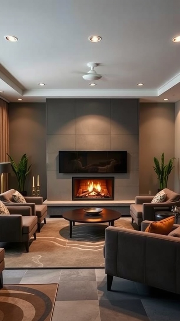 Cozy basement with a modern fireplace and comfortable seating