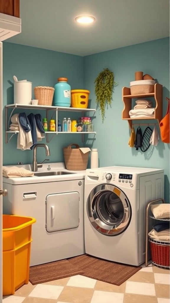 Cozy and stylish basement laundry area with blue walls, organized shelves, a washer and dryer, and decorative plants.