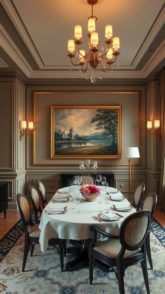 A formal dining room featuring a large painting, elegant chandelier, and tasteful furnishings.