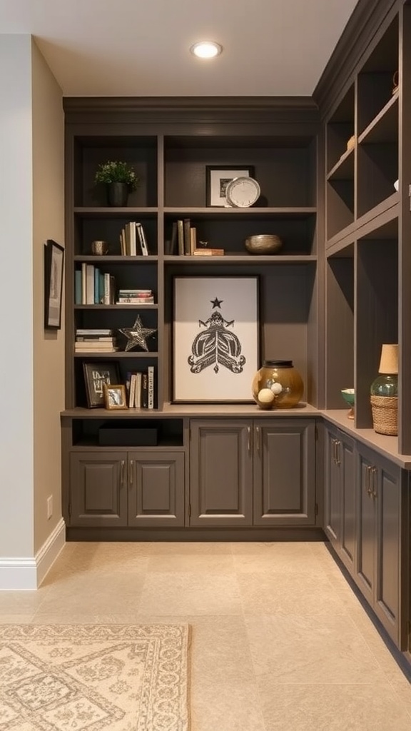 Cozy basement with built-in shelving and cabinets for storage