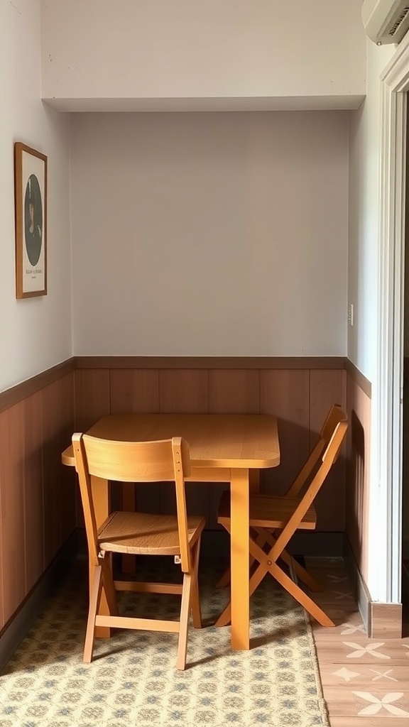 A small dining area featuring a wooden table and a foldable chair.