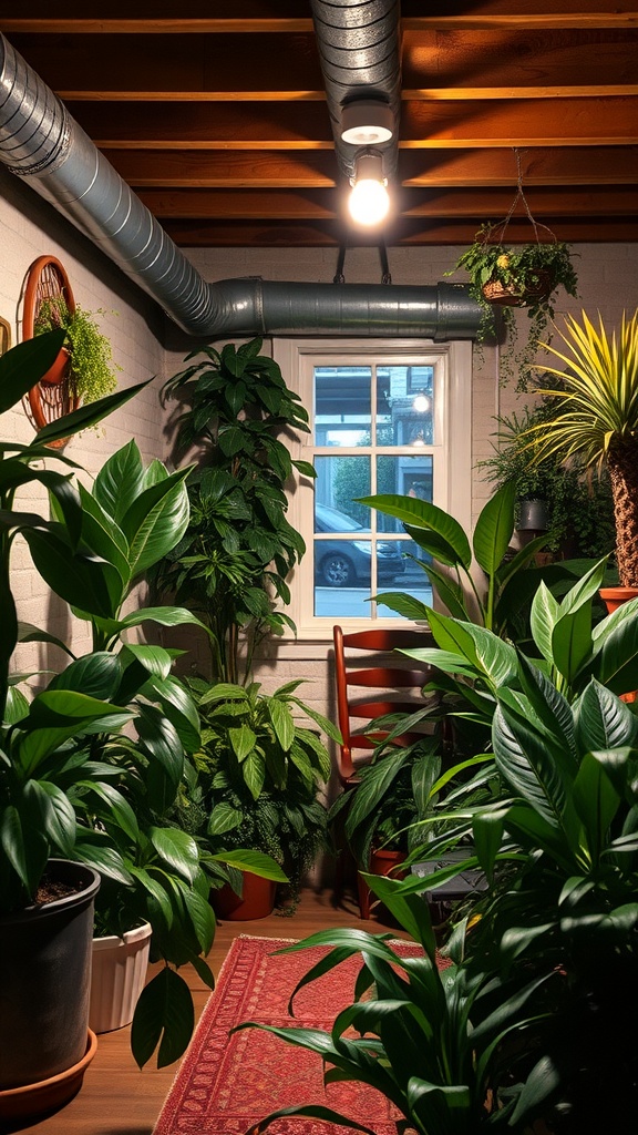 A cozy basement filled with various indoor plants, creating a fresh and inviting atmosphere.