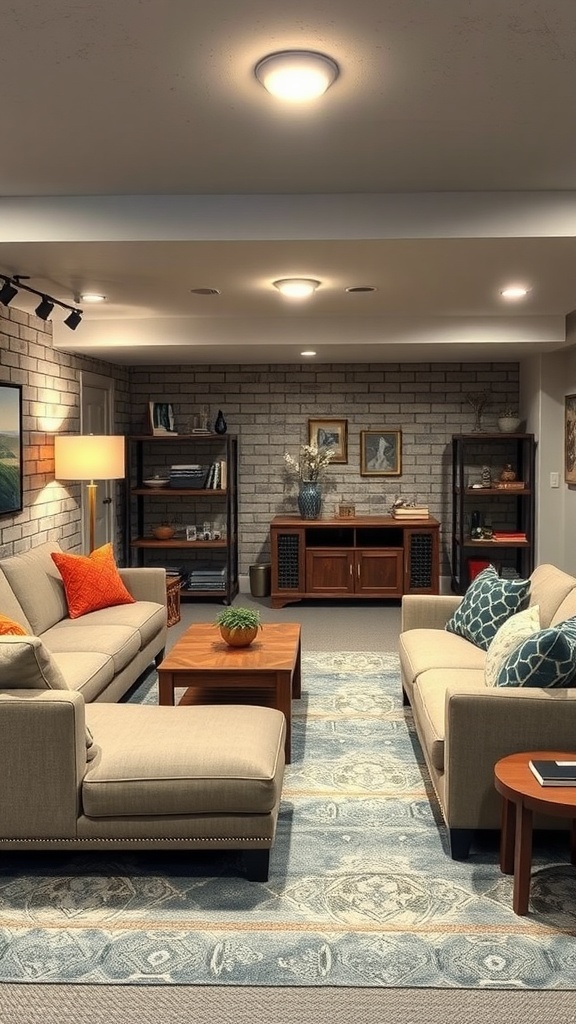 A cozy basement featuring a sectional sofa, coffee table, and shelving with decorative items.