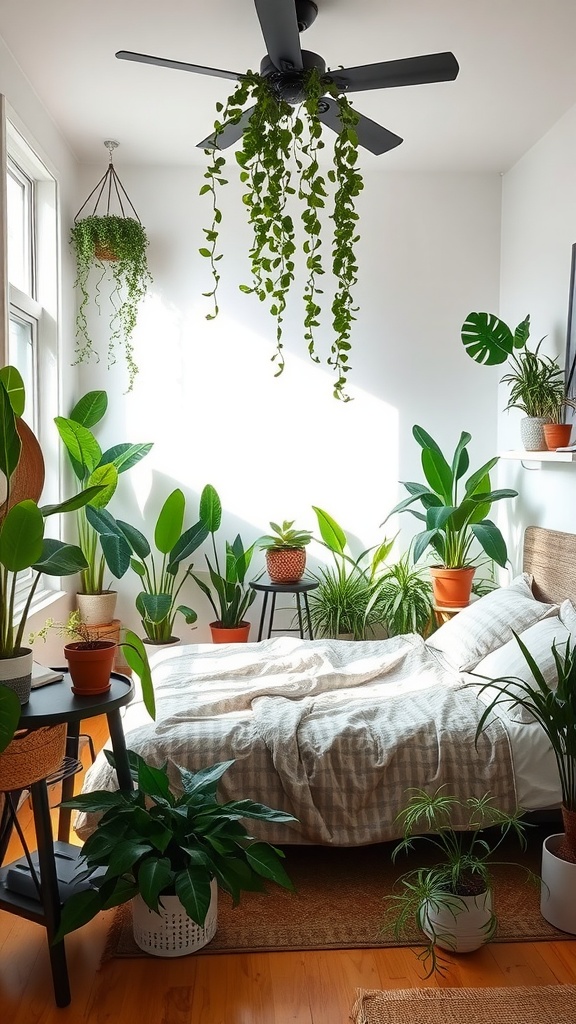 A bright bedroom filled with various indoor plants, featuring a cozy bed and a ceiling fan adorned with greenery.