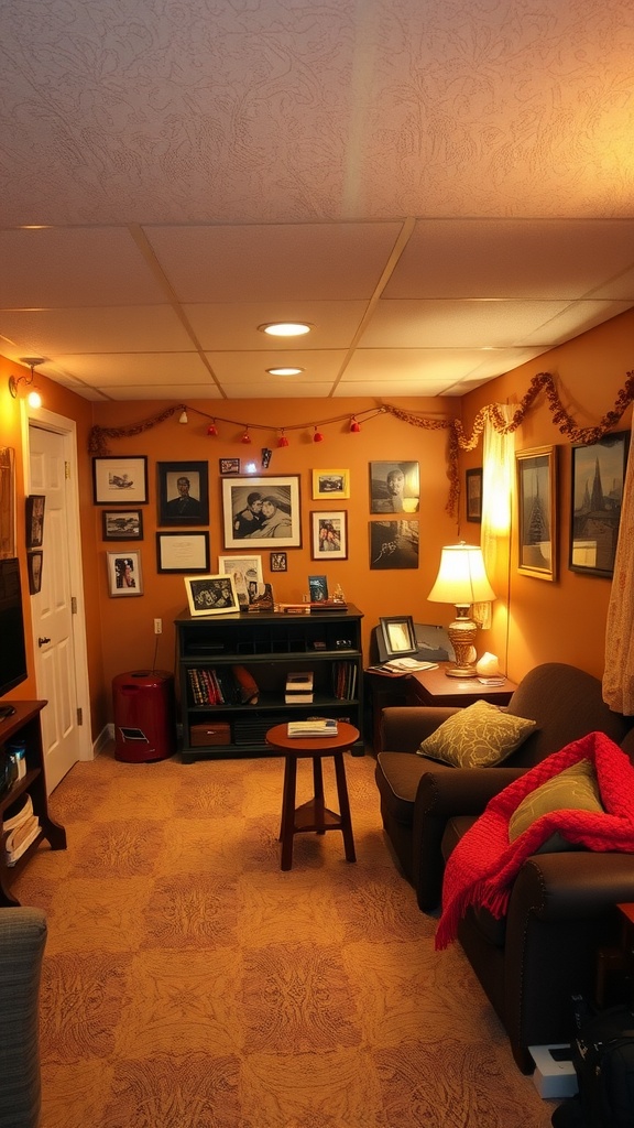 Cozy basement with family photos on walls, comfortable seating, and warm lighting