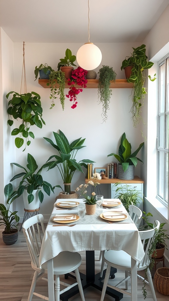 A cozy dining room featuring a table set for four, surrounded by various plants including hanging greenery and potted plants on shelves.