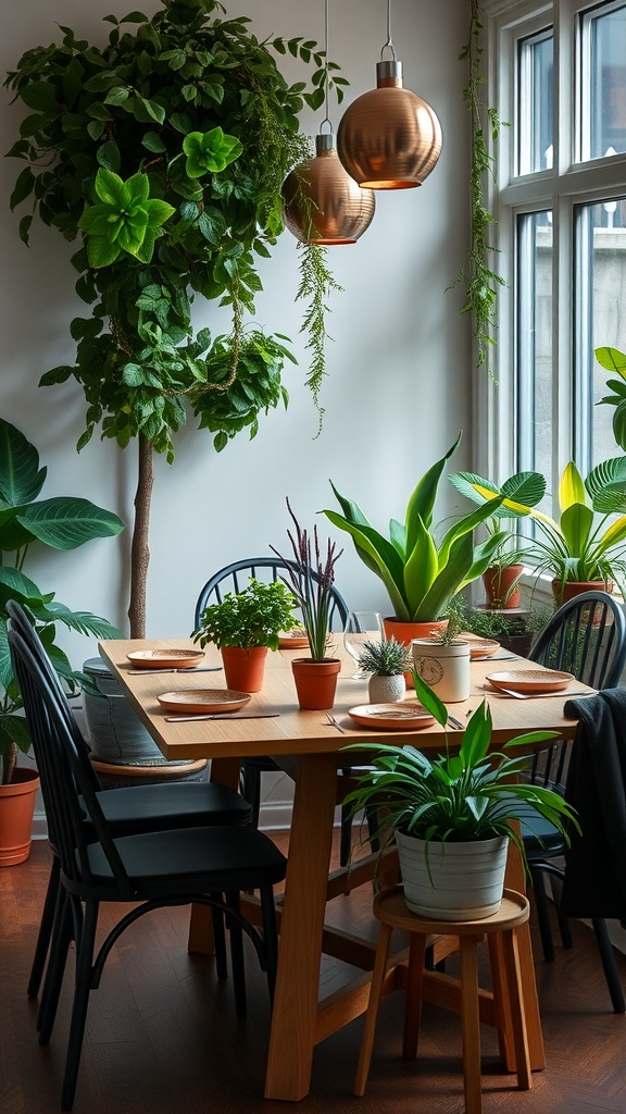 A dining room with a wooden table surrounded by various potted plants and hanging greenery.