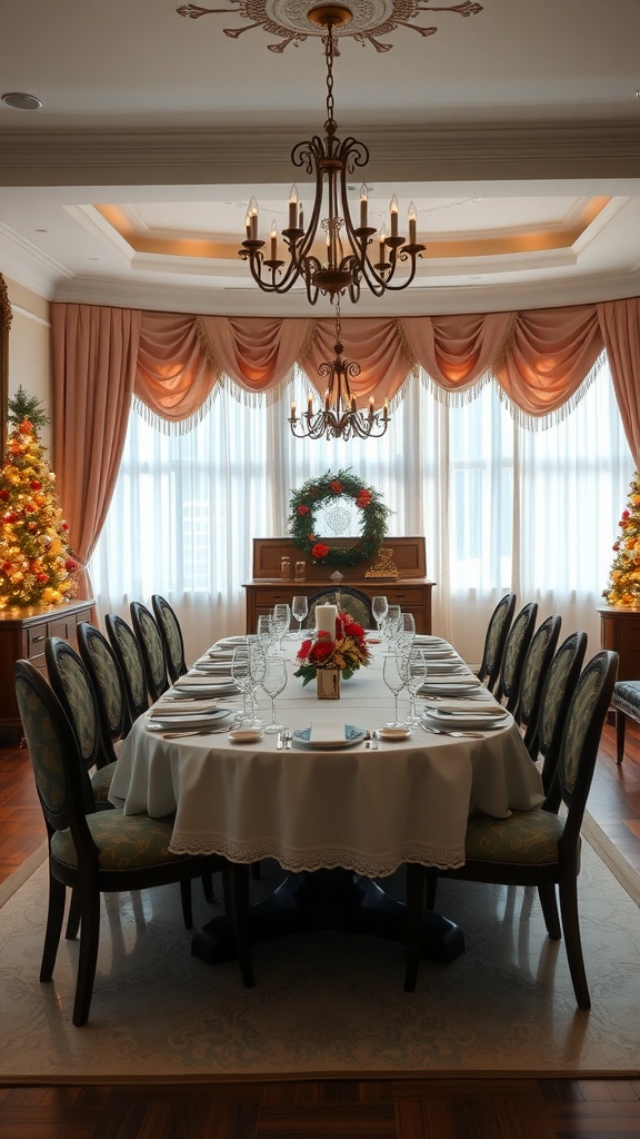 A formal dining room set for a seasonal celebration, featuring a large table with elegant tableware and decorative elements like a wreath and festive lights.