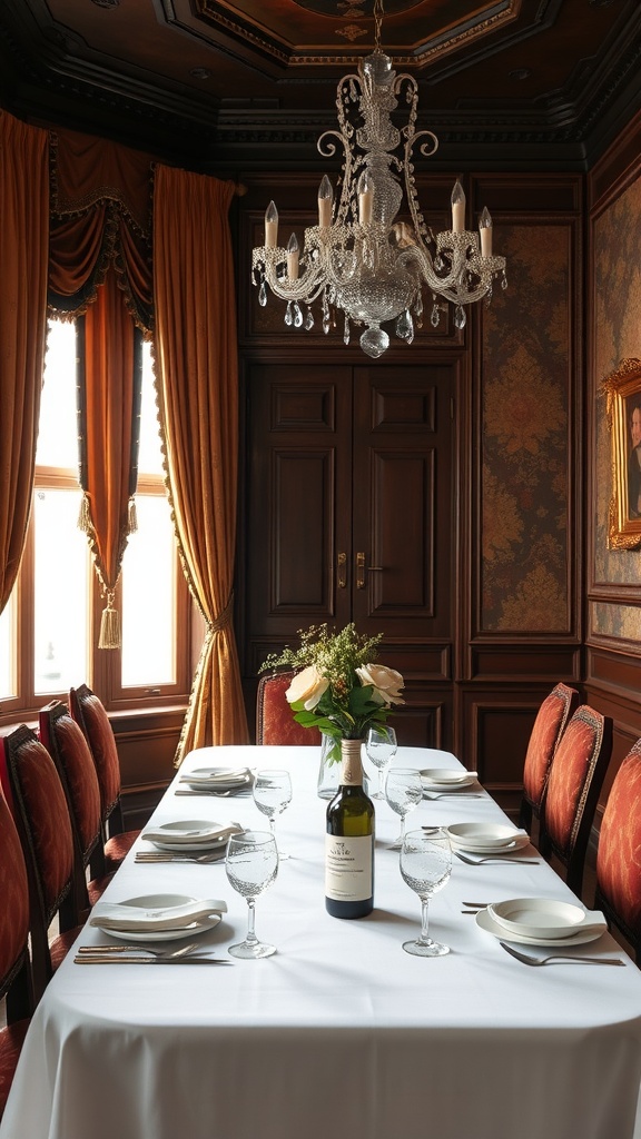 Elegant formal dining room with a chandelier, wooden decor, and rich textiles.