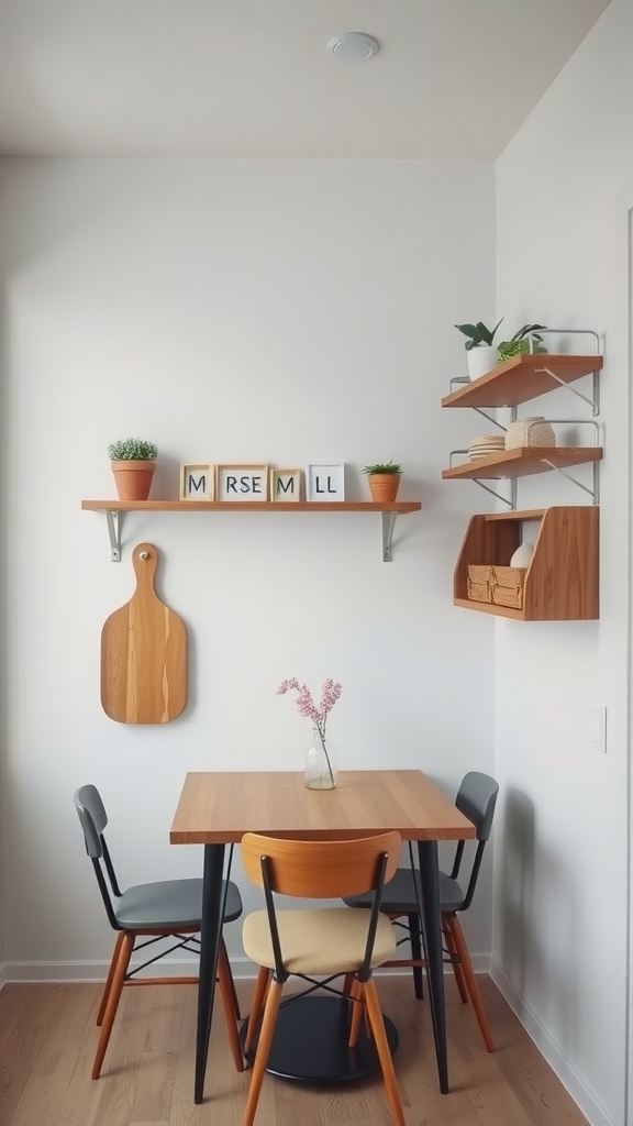 Cozy dining area with wooden table and chairs, featuring wall-mounted shelves decorated with plants and storage boxes.
