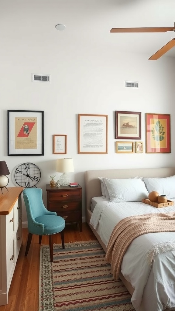 A cozy bedroom featuring vintage wall art, a colorful chair, and warm wooden furniture.