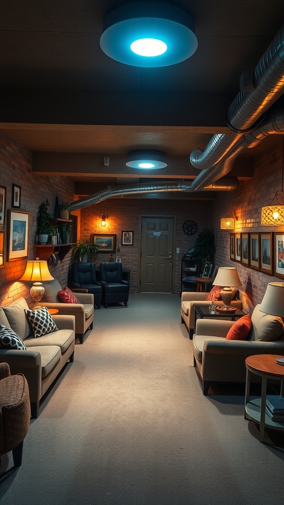 A cozy basement with warm lighting, featuring comfortable seating and decorative elements.