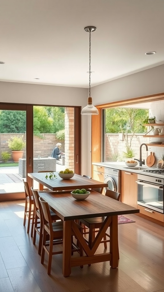 A modern kitchen with a wooden dining table and chairs, large windows opening to an outdoor area.