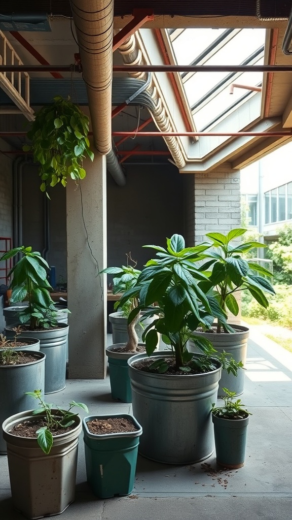 Indoor garden with various plants in metal pots in an industrial basement setting
