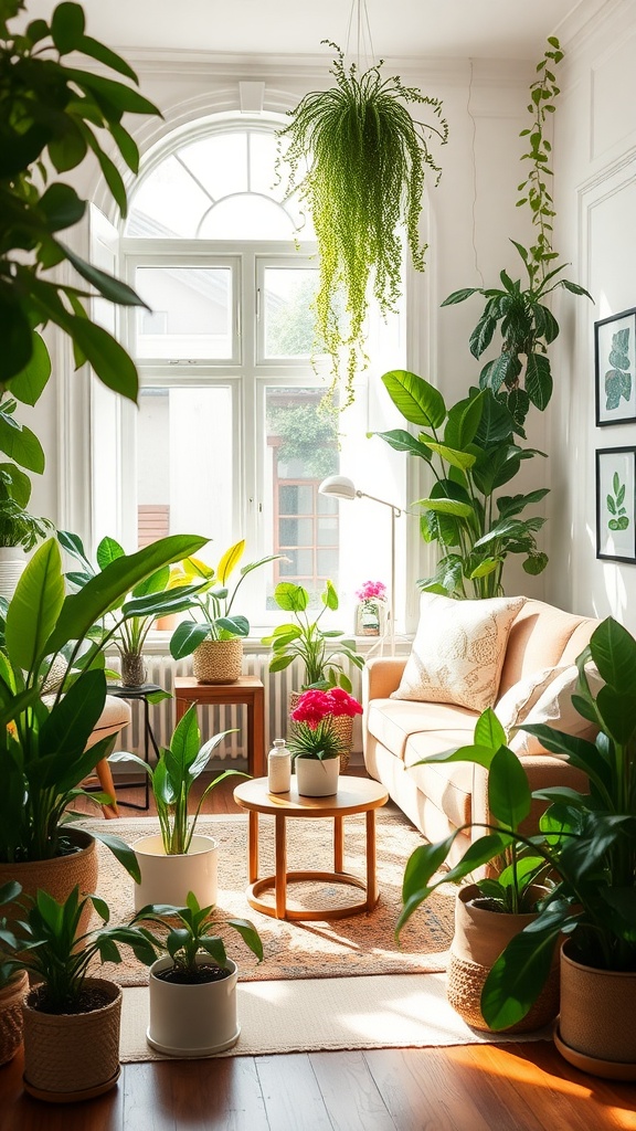 A bright and inviting living room filled with various indoor plants, including hanging and potted varieties, creating a cozy and vibrant atmosphere.