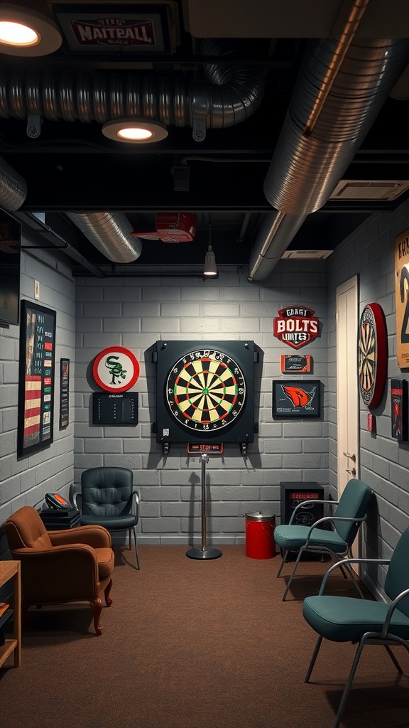 A cozy indoor sports area featuring a dartboard, with seating and sports memorabilia.