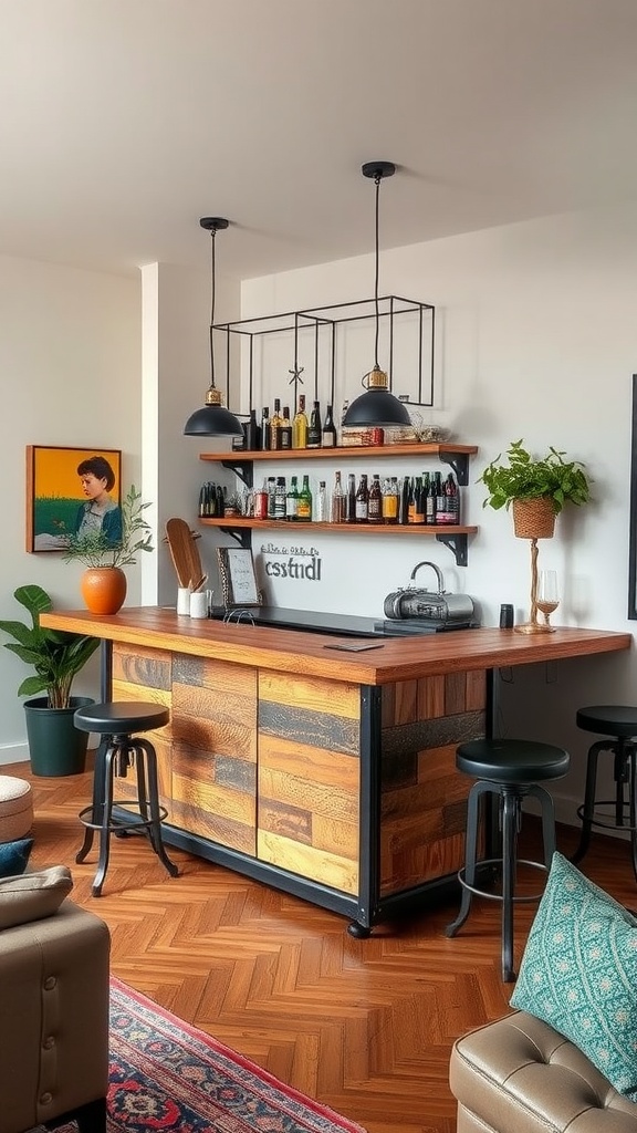 Industrial-style bar counter with wood and metal design, shelves filled with drinks, and cozy seating.