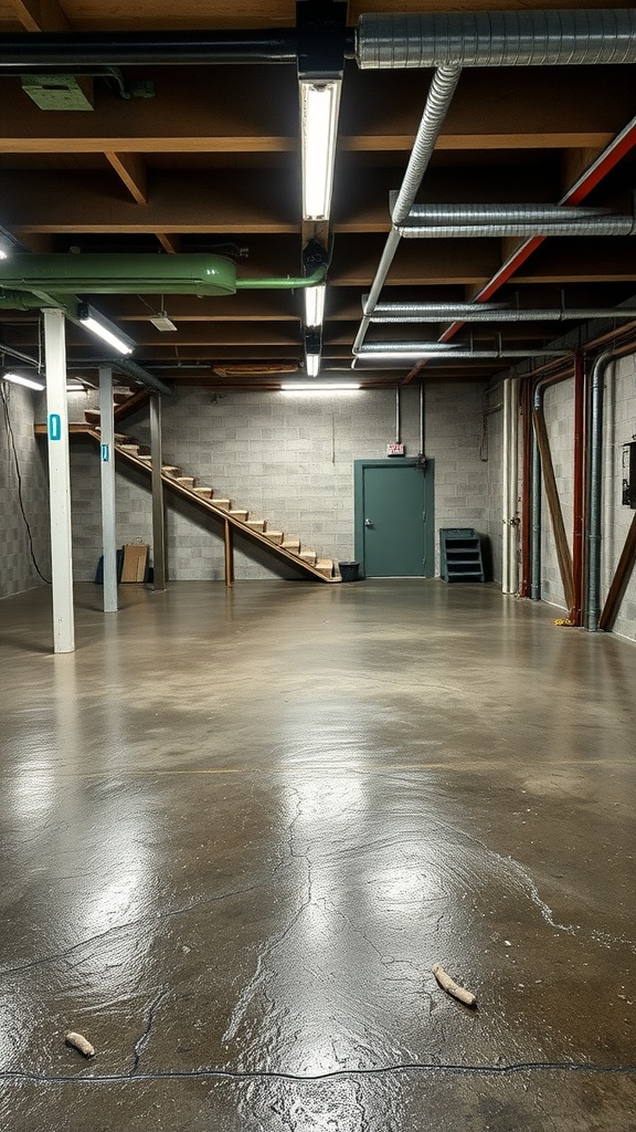 A spacious industrial-style basement with polished epoxy flooring and exposed beams.