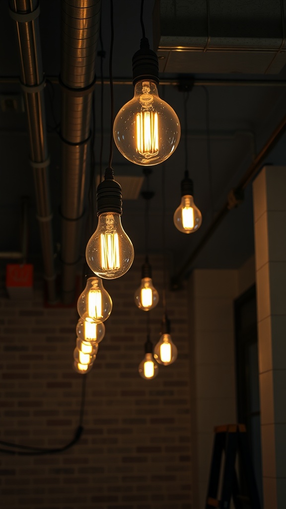 Hanging industrial-style light bulbs in a basement