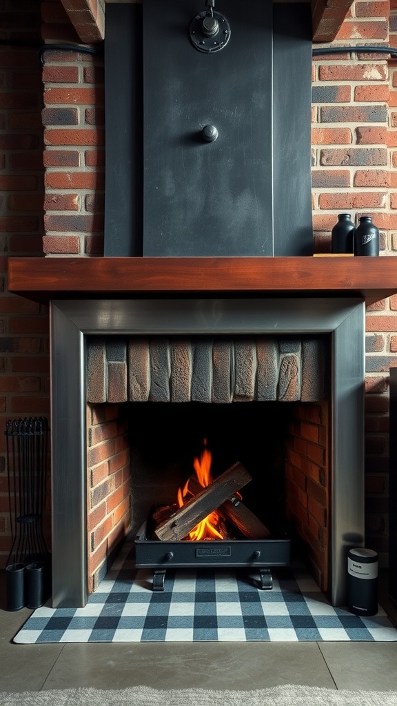 Industrial chic fireplace featuring red brick, stainless steel, and a wooden mantel in a cozy setting