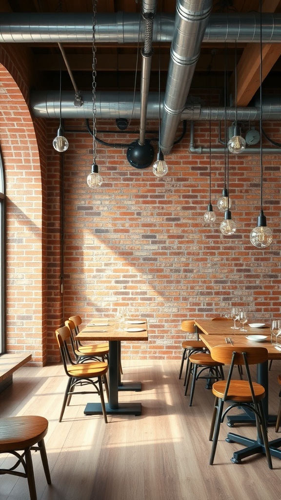 Dining area showcasing industrial chic design with brick walls and metal fixtures