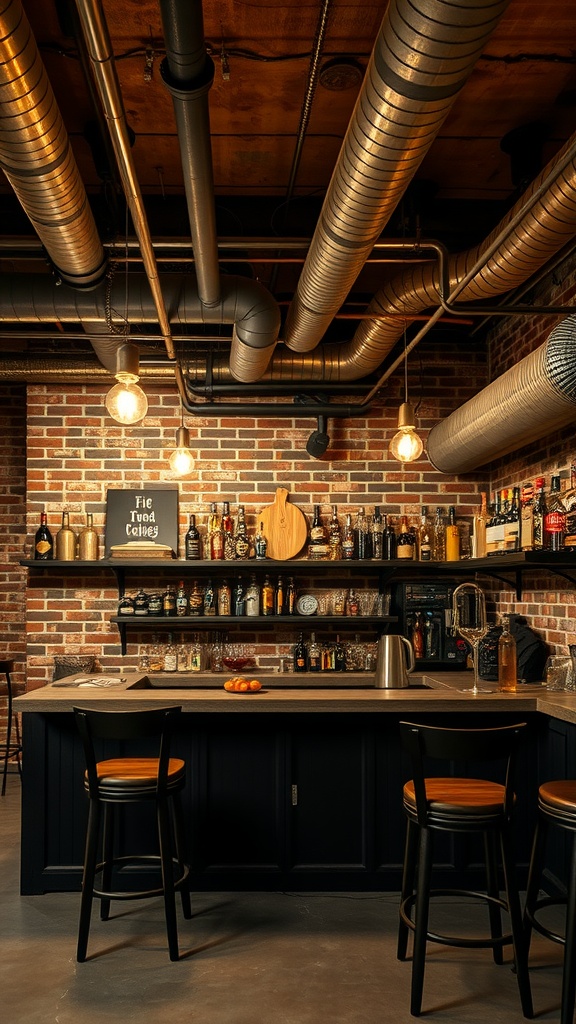 Industrial chic basement bar with exposed pipes, brick walls, and stylish stools