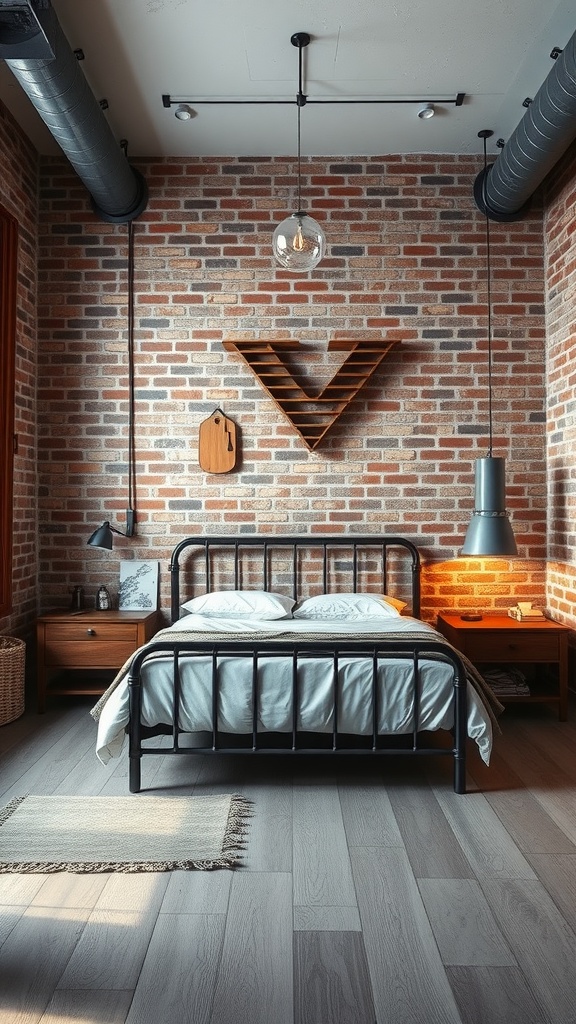 A cozy industrial-style bedroom featuring a brick wall, metal bed frame, pendant lights, and wooden accents.