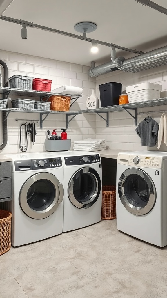 Industrial style laundry room with modern appliances and open shelving