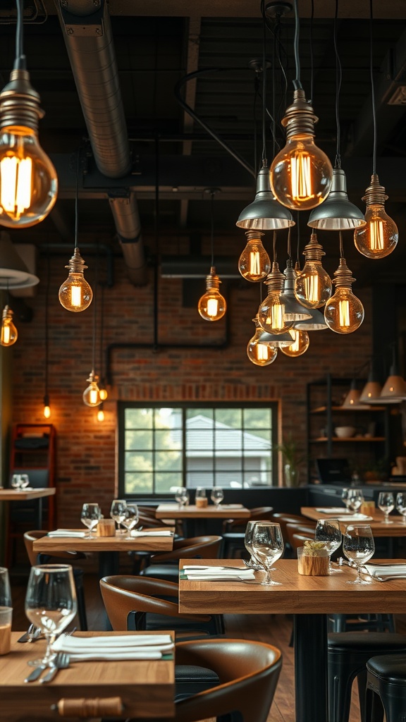 A dining area featuring industrial style pendant lights with warm bulbs and wooden tables