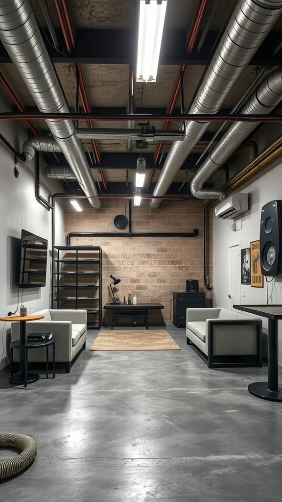 A stylish basement featuring industrial style steel flooring with exposed ducts and soft seating.
