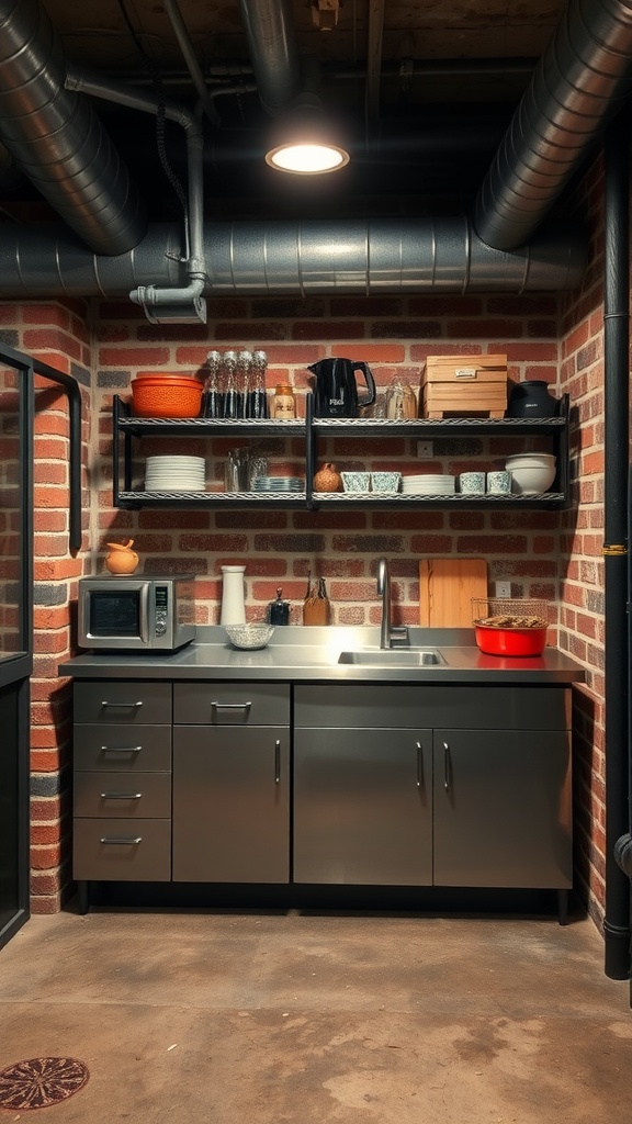 A basement kitchenette featuring an industrial design with metal elements and an exposed brick wall.